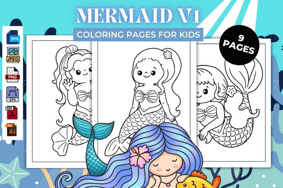 Mermaid V1 Coloring Pages — Graphics for KDP Interiors