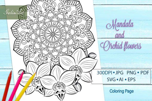 Orchid and Mandala Coloring Page: Graphics for Handmade Creators
